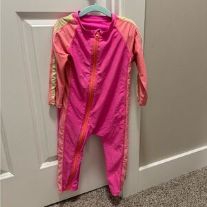 SwimZip Sunsuit - Long Sleeve Romper Swimsuit “Neon Pink/Orange" 3T